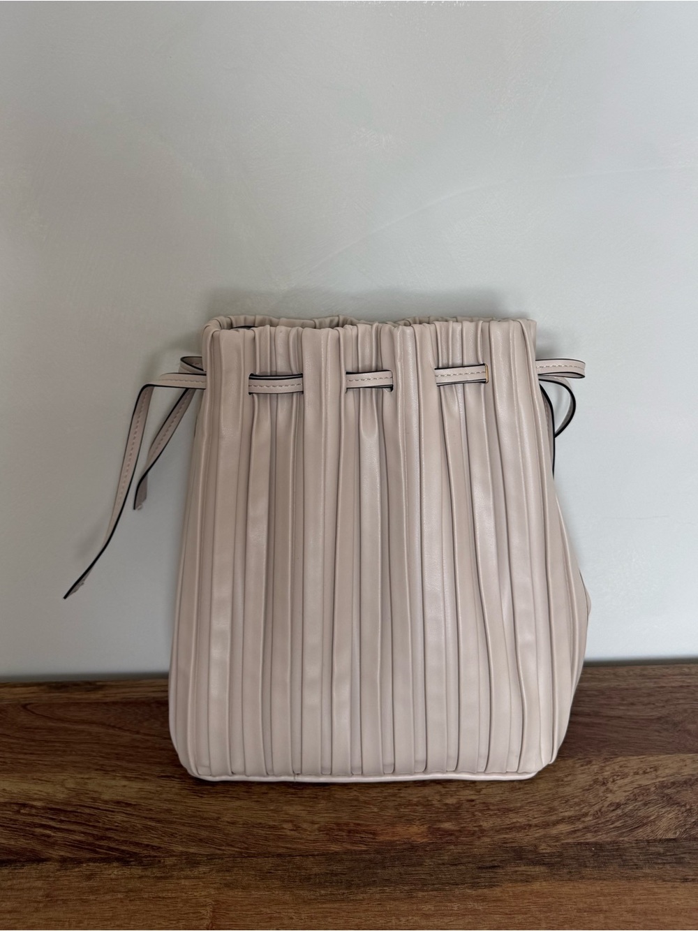 Zara Pleated Drawstring Bucket Bag - Beige